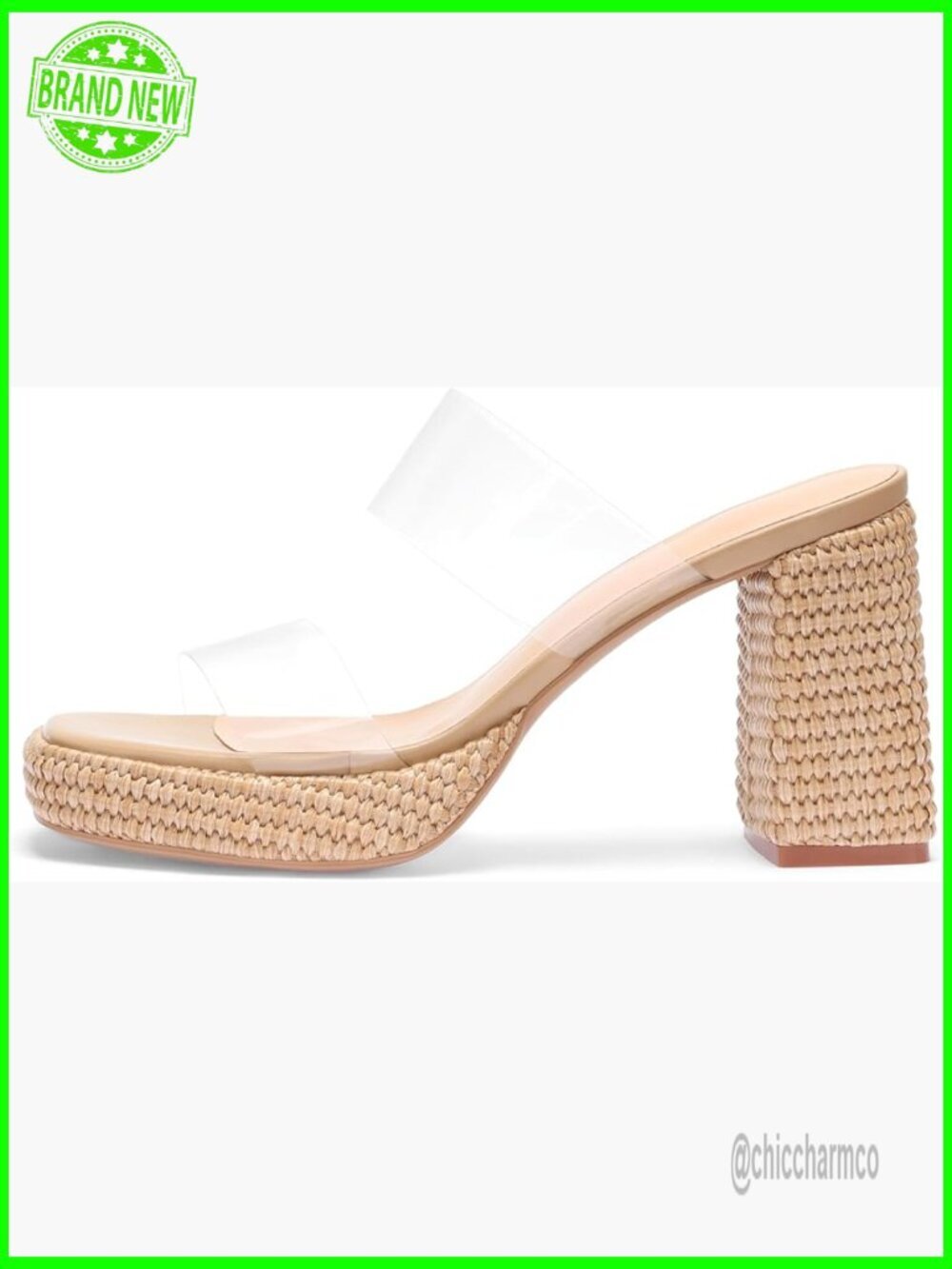 Raffia Woven Double Strap Platform Sandals Chunky Heel Slip On Open Toe
